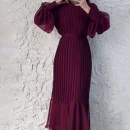 Ethnic Clothing Elegance Dress For Women Long Sleeved Solid Muslim Abayas Spring Pleated Maxi Robe Turkey Islamic Dresses