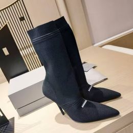 High quality genuine leather bottom women's high heels boots fashionable knitted breathable elastic thin leather sole dress shoes runway party boots 35-41