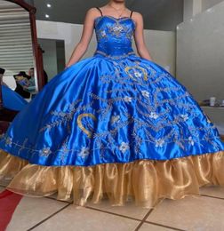Stunning Royal Blue Quinceanera Cocktail Evening Dress Gold Embroidery 2022 Mexican Prom Dresses Charro with Straps Beaded Ball Go6925491