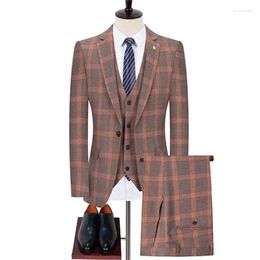 Men's Suits Blazers Pants Vest Set 3 Pieces / 2024 Business Casual Fashion Three Piece Plaid Suit Jacket Coat Trousers Waistcoat