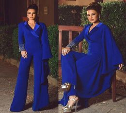 New Fashion Sapphire Blue Evening Dresses Rhinestone Pearls Prom Dress Long Sleeve Pants V Neck Special Occasion Dresses9327752