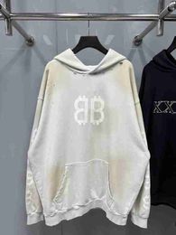Designer High version Paris B home front and back double B mud dyed internet celebrity product style destruction men's and women's pullover hoodieMZ64
