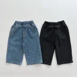 Trousers Children's Spring Denim Pants 2024 Simple Fashion Boy's Autumn Pocket Jeans Girls Elastic Waist Casual Washed Straight