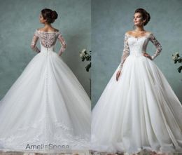 Vintage 2020 Amelia Sposa Wedding Dresses Long Sleeve VNeck Appliques Lace Wedding Bridal Gowns Party Dress6975716