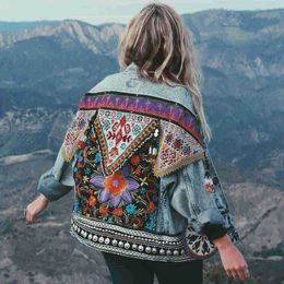 2021 Womens Embroidery Aztec Jackets Long Sleeve Loose Casual Jean Top Beaded Bohemian Holiday Retro Denim Jacket Coats