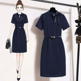 Summer Slim Professional Work Pencil Dress Elegant Womens Belt Bow Navy el Jewellery Shop Club Korean Style Clothing 240313