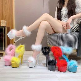 Dress Shoes Summer Women Sandals Fashion Peep Toe High Heel 17CM Elegant Platform Fur Female Party Black Pink H240325