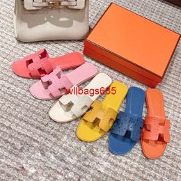 Leather Sandals Oran Womens Slippers HB Womens Summer Outsider Womens Summer 2024 New One Line Instagram Fashion Outsider Flat Bottom Genuine L have logo TFQX