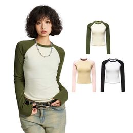 High Quality 260gsm 98%cotton 2%polyester Contrast Colour Round Neck Print Tees Raglan Long Sleeve Crop Top Women T-shirt