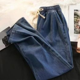 Men's Jeans Drawstring Adjustable Casual Elastic Waist Denim Pants With Pockets Loose Wide Leg For Comfortable