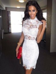 Charming Short Cocktail Dresses White Lace Women Fromal Prom Gowns High Neck Homecoming Graduation Dresses Sexy See Through Party 5732603