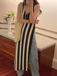 Casual Dresses Black Blue Retro Contrasting Striped V-neck Lace Up High Slit Sleeveless Camisole Dress Vestidos De Mujer Y2k Summer Maxi