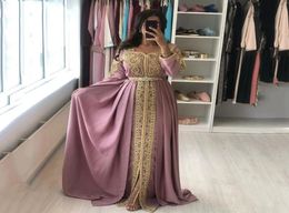 Moroccan Kaftan Formal Evening Dresses Long Sleeves Gold Lace Embroidery Appliques Sweep Train Arabic Prom Party Gowns9103771