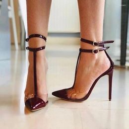 Dress Shoes Burgundy Patent Leather Pointed Toe T Strap High Heel Clear PVC Patchwork Double Women Pumps Size 45 Party Sho