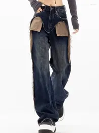 Jeans da donna Vintage High Street da donna gamba dritta pantaloni larghi larghi americano profondo blu streetwear personalizzato