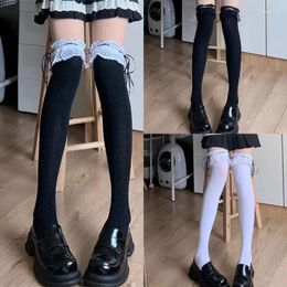 Women Socks Ballet Bow Lolitas Lace Ruffle Trim Over Knee Stockings For Womens