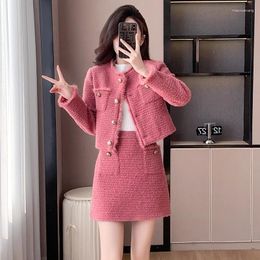 Casual Dresses Cotton Autumn And Winter Beauty Sweet Pink Little Fragrance Patchwork Furry Short Skirt Two-piece Set Dress