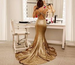 2019 Glamorous Sequins Mermaid Evening Dresses Deep V Neck Sleeveless Open Back Champagne Gold Formal Prom Dresses Sweep Train6236295