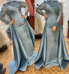 Muslim Saudi Arabia Evening Dresses Elegant Satin Overskirts Long Sleeves Lace Applique Beading Formal Party Gowns Pleats Women Sp5745794