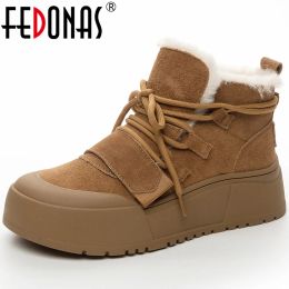 Boots FEDONAS Popular Women Ankle Boots Winter Thick Plush Warm Snow Boots Genuine Leather Platforms LaceUp Casual Shoes Woman Retro