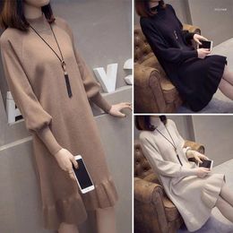 Casual Dresses Women's Winter Loose Sweater Dress With Half Turtleneck Knitted Ruffled Hem Midi Length Pullover For Women N86
