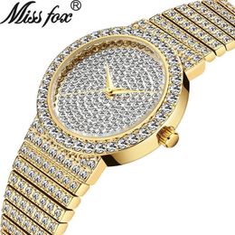 MISSFOX Top Brand Unique Watch Men 7mm Ultra Thin 30M Water Resistant Iced Out Round Expensive 34mm Slim Wrist Man Women Watch 210257n