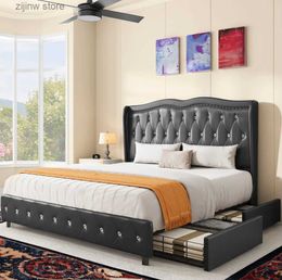 Other Bedding Supplies Large storage bed frame with embedded top plate and rivet wings+4 drawers adult and adolescent beds double beds Y240320