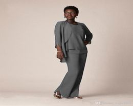 New Grey Chiffon Formal Pant Suits For Mother Groom Dresses Evening Wear Long Mother of the Bride Dresses With Jackets Plus Size C6014777