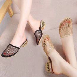 Sandals 2023 Summers Women Bling Lace Design Luxury Sandals Gold Low Heels Ladies Plus Size Casual Footwear Mesh Ladies Slippers