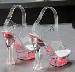 Dress Shoes Square Heels Glowing Sandals Women Summer LED Flowers Transparent High Shining Platform Thick Heel Ladies Banquet H2403257