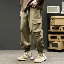 Men's Pants Men Cargo Solid Colour Multi Pockets Elastic Waist Drawstring High Street Match Top Streetwear Ankle-banded Spring Trou