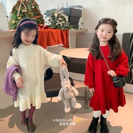 ChildrenS Alpaca FleeceFiber Woollen Skirt Winter Girls Temperament Western Style Twist Knitted Fishtail Dress 240311