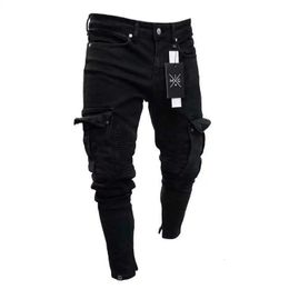 Mens Stretch Jeans Black Big Side Pockets Cargo Fashion Zipper Small Foot Denim Pants Elastic Jogging Trousers Streetwear 240313