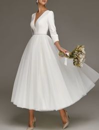 Elegant Short Tulle Shear Neck Ivory Wedding Dresses With Sash A-Line 3/4 Sleeve Above Ankle Length Buttons Back Bridal Gowns for Women