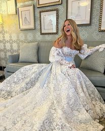 Boho Mermaid Wedding Dresses Lace Long Sleeves Vintage White Ivory Custom Made Luxury Bridal Gown with Blue Bow 2024