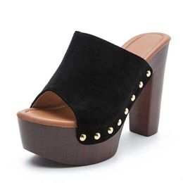 Dress Shoes Suede Slippers Waterproof Platform Rome Womens Fashion Model Block Heels Sandals Ladies Summer Rivet High Footwear H2403251