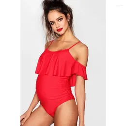 Women's Swimwear Plus Size Maternity Bathing Suit Shoulder Swimsuit With Ruffle One Piece Tube Premama Swimming Wear Solid Pregnant Lady