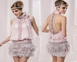 Great Gatsby Short Cocktail Dresses With Feather High Neck Sparkly Beaded Backless Pink Pageant Prom Party Occasion Gowns Plus Siz4300001