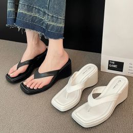 Flops White Square Toe Wedge Flip Flops Women Korean Style Clip Toe Platform Sandals Woman Summer 2023 Outdoor Non Slip Beach Slippers