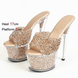 Dress Shoes 17CM Clear Slippers Platform Outside Sandals Bling Sequined Nightclub Women Summer 2024 New Transparent Super High Heels H240321MILVVZ9I