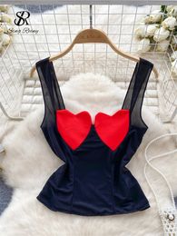 SINGREINY Heart Shaped Y2K Tops Women Mesh Tank Backless sweet Summer Outerwear Streetwear Beach Style Sheer Blouse 240311