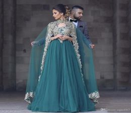 2019 Fashion Hunter Green V Neck Applique Sleeveless Prom Dresses with Cape For Engagement Evening Gowns Mother of the Bride Dress8228764