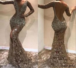 2020 Sexy Sparkly Mermaid Evening Dresses Sheer Neck Long Sleeves Sequins Crystal Beaded Split Formal Evening Gowns Red Carpet Par7172945