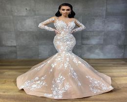 2020 Arabic Aso Ebi Vintage Sexy Mermaid Wedding Dresses Long Sleeves Sheer Neck Bridal Dresses Champagne Wedding Gowns ZJ5557190327