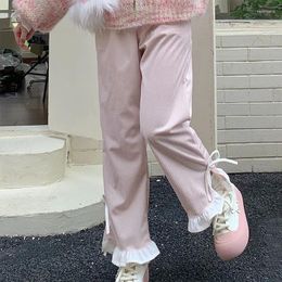 Women's Pants Sweet Lolita Style Pink Bow Corduroy Women Kawaii Ruffles Side Bandage Wide Leg High Waist Sweatpants Cute Trouser