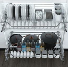 Kitchen Storage 2-Layer Stainless Steel Pull Out Rack Basket Slide Cabinet Organizer Drawer Baskets Holder