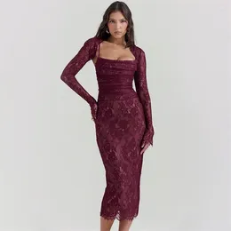 Party Dresses Burgundy Lace Prom Dress 2 Pieces Set Sexy Srap Evening Full Sleeves Outfit Formal Tie Up Back Ankle Length Robe