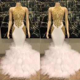 Gorgeous Halter Gold and White Prom Dresses Ruffles Tulle Real Pictures Mermaid Formal Cocktail Party Dresses Evening Gowns2230537