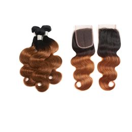 Brazilian Human Hair 1B/30 Ombre Color Body Wave 3 Bundles With 4*4 Lace Closure Free Part 4 PCS/lot