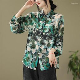 Women's Blouses Temperament Standing Collar Printed Long Sleeved Shirt For Spring Autumn Fashion Single Row Multi Button Loose Top